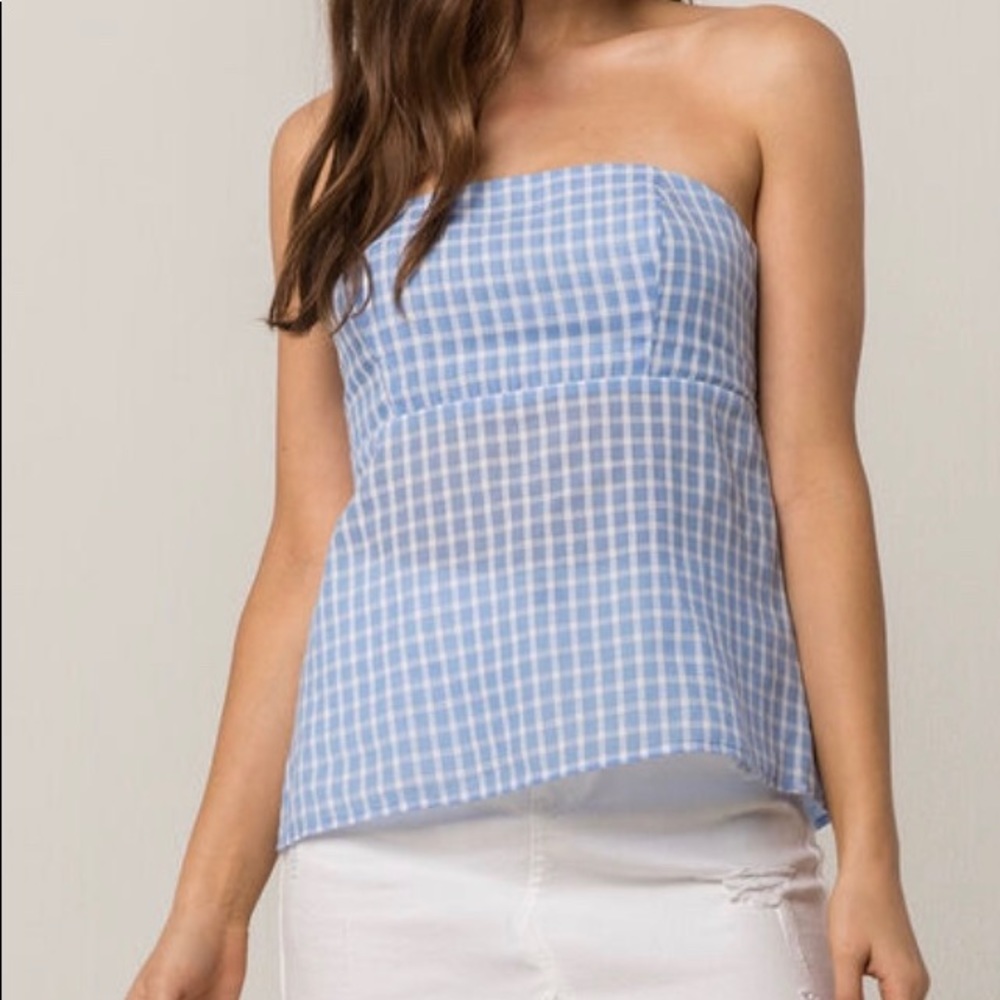 NWT Socialite plaid strapless tie back blue top